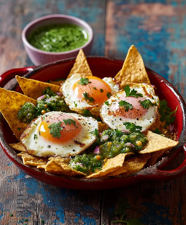 Fried eggs with green salsa