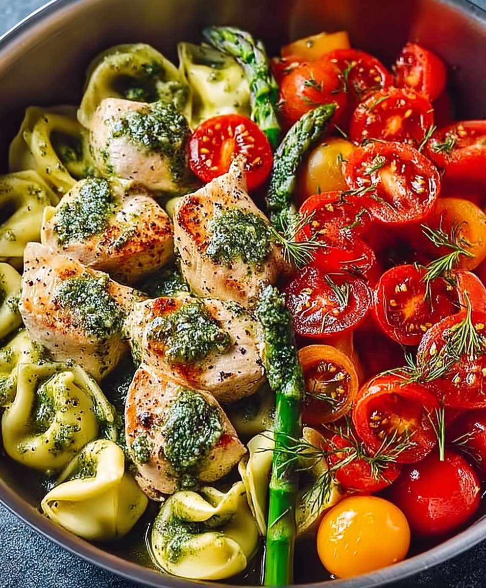 Pesto chicken tortellini veggies
