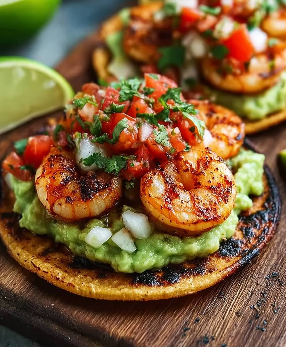 Shrimp tostadas with guacamole