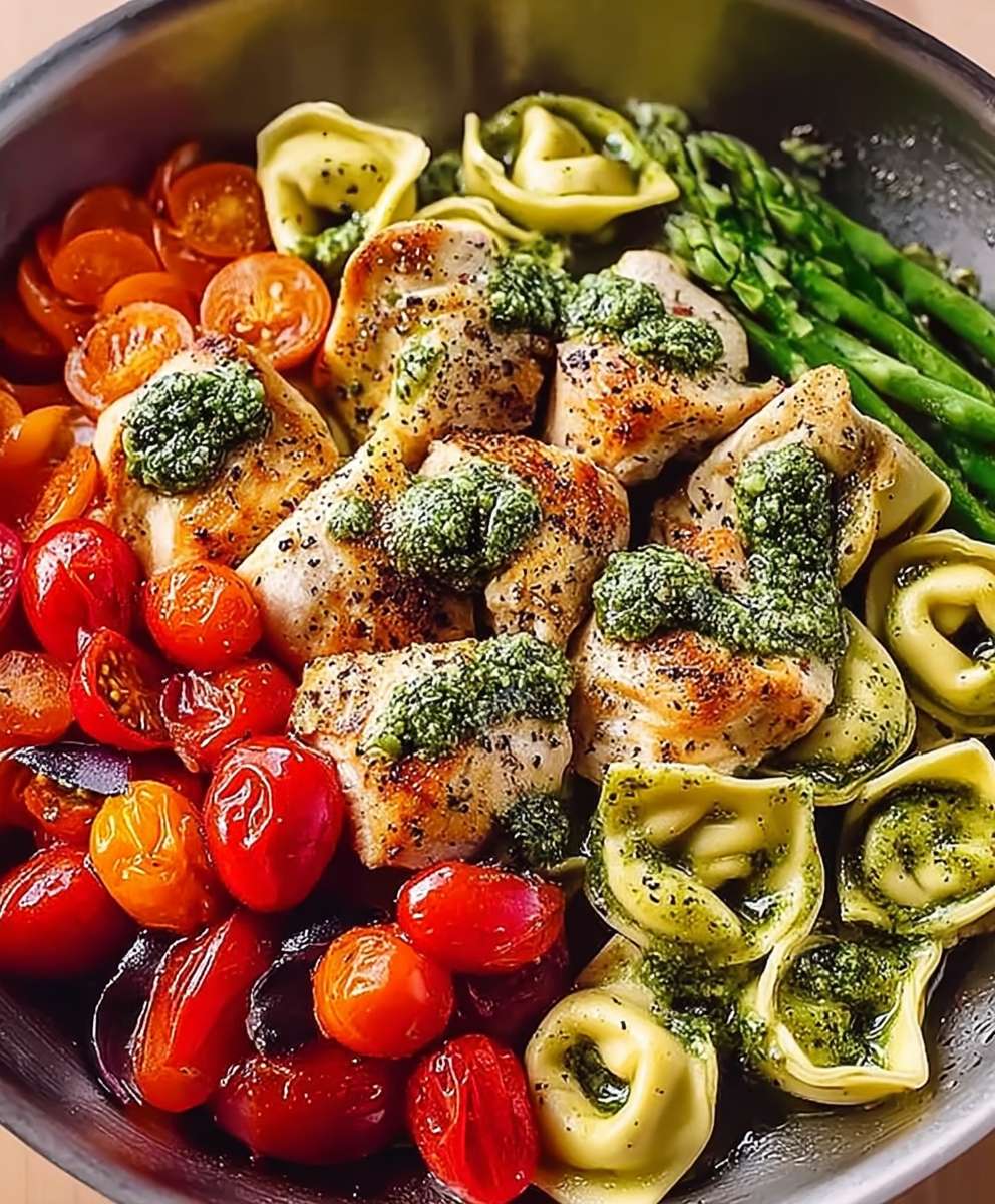 Pesto chicken tortellini veggies