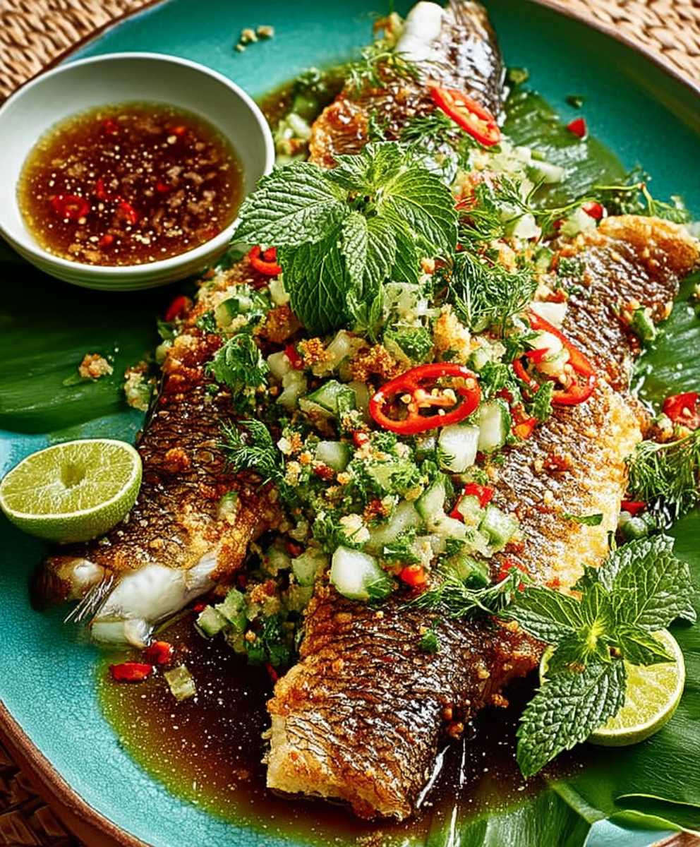 Crispy sea bass larb