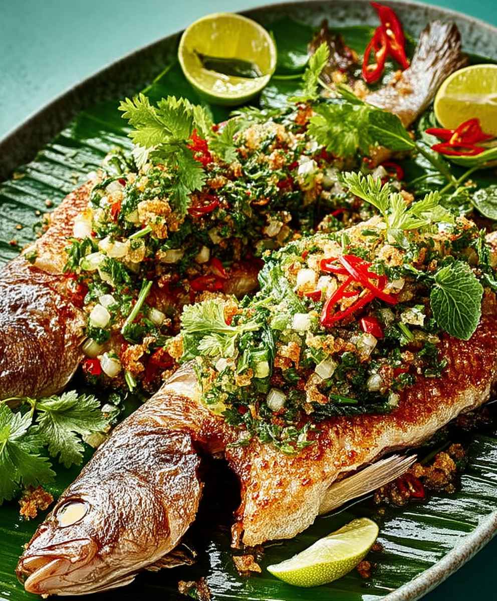 Crispy sea bass larb