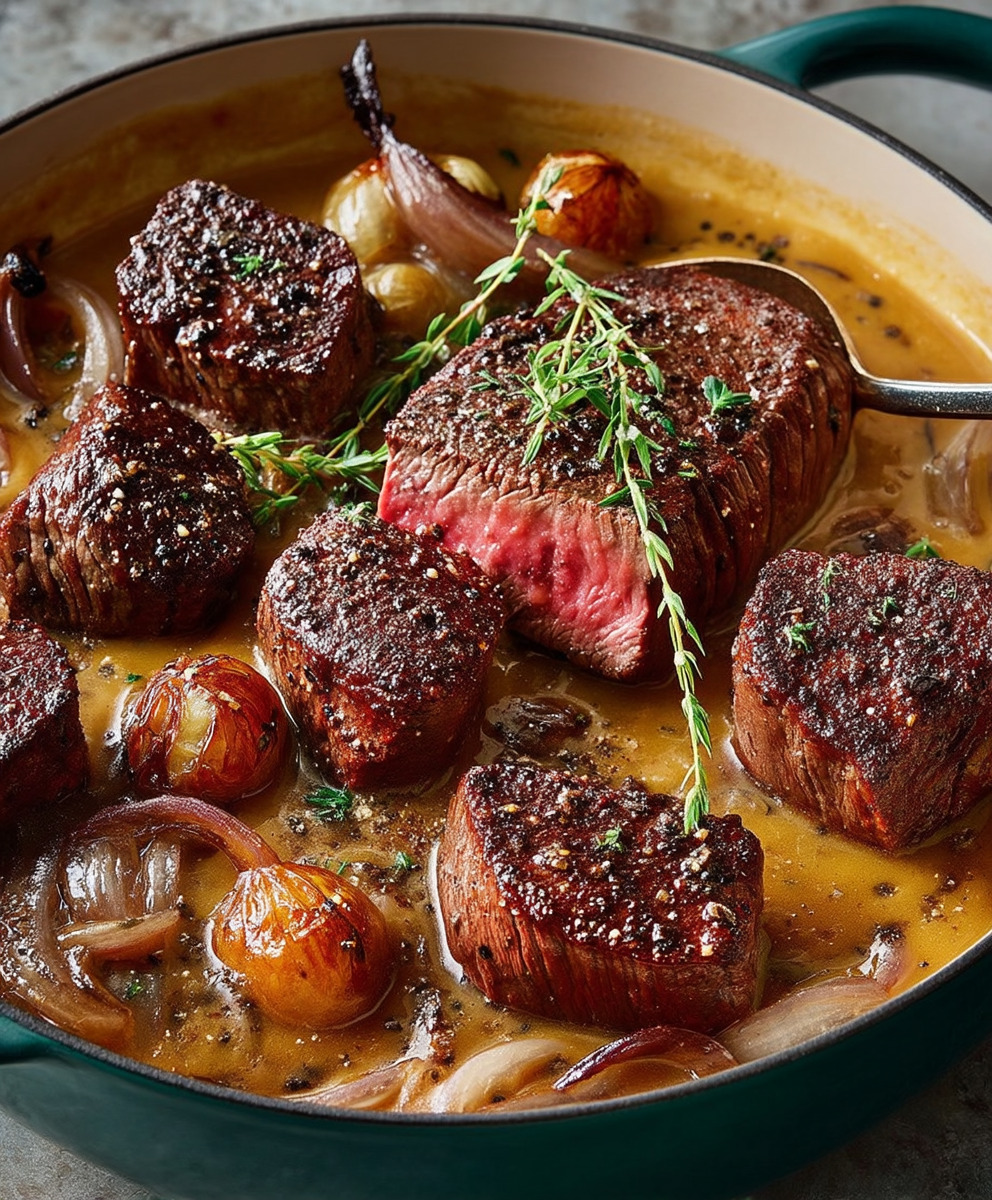 Peppercorn Crusted Steak Shallot Soup