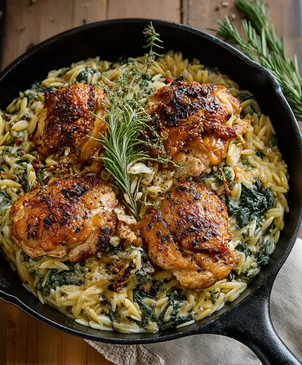 Spinach chicken orzo skillet