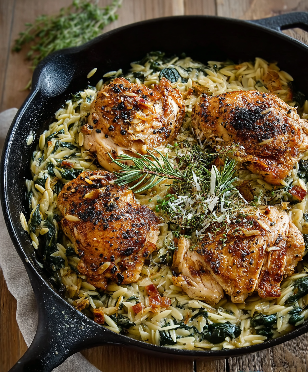 Spinach chicken orzo skillet