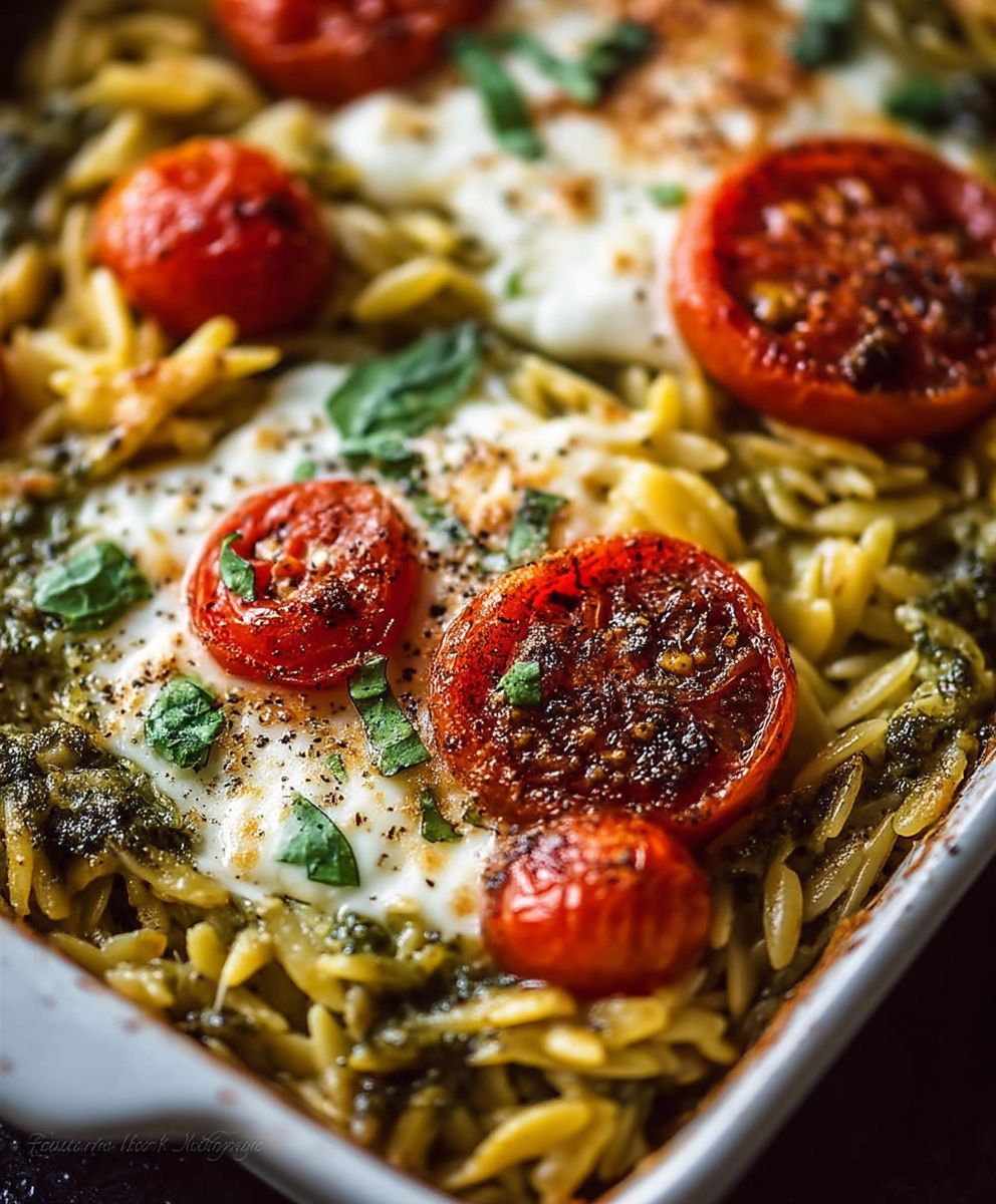 Caprese Pesto Orzo Bake