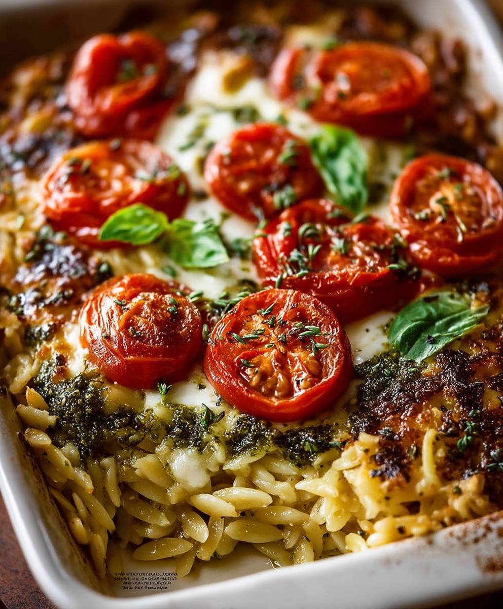 Caprese Pesto Orzo Bake