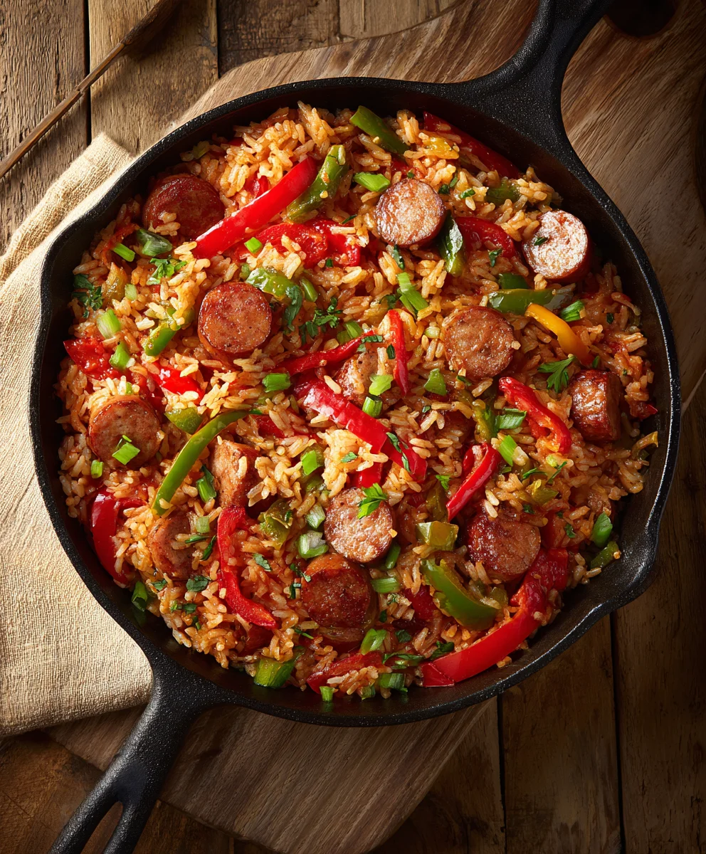 Flavorful Beef Sausage, Pepper & Rice Skillet Dinner