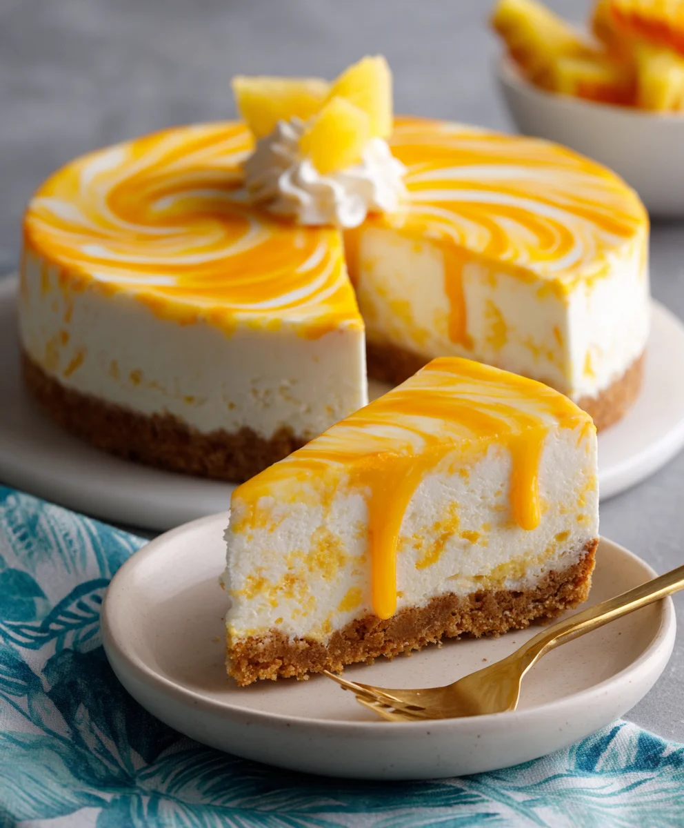 Refreshing No Bake Orange Pineapple Swirl Cheesecake