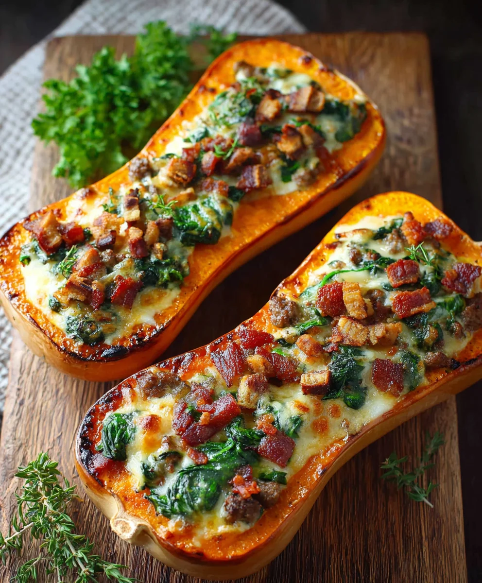 Stuffed Butternut Squash with Beef Bacon, Spinach & Cheese