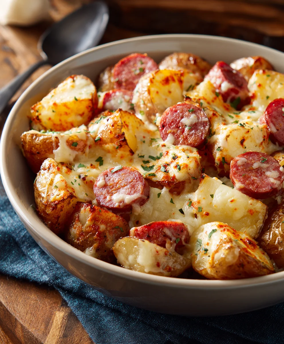 Delicious Cheesy Ranch Potatoes & Smoked Beef Sausage