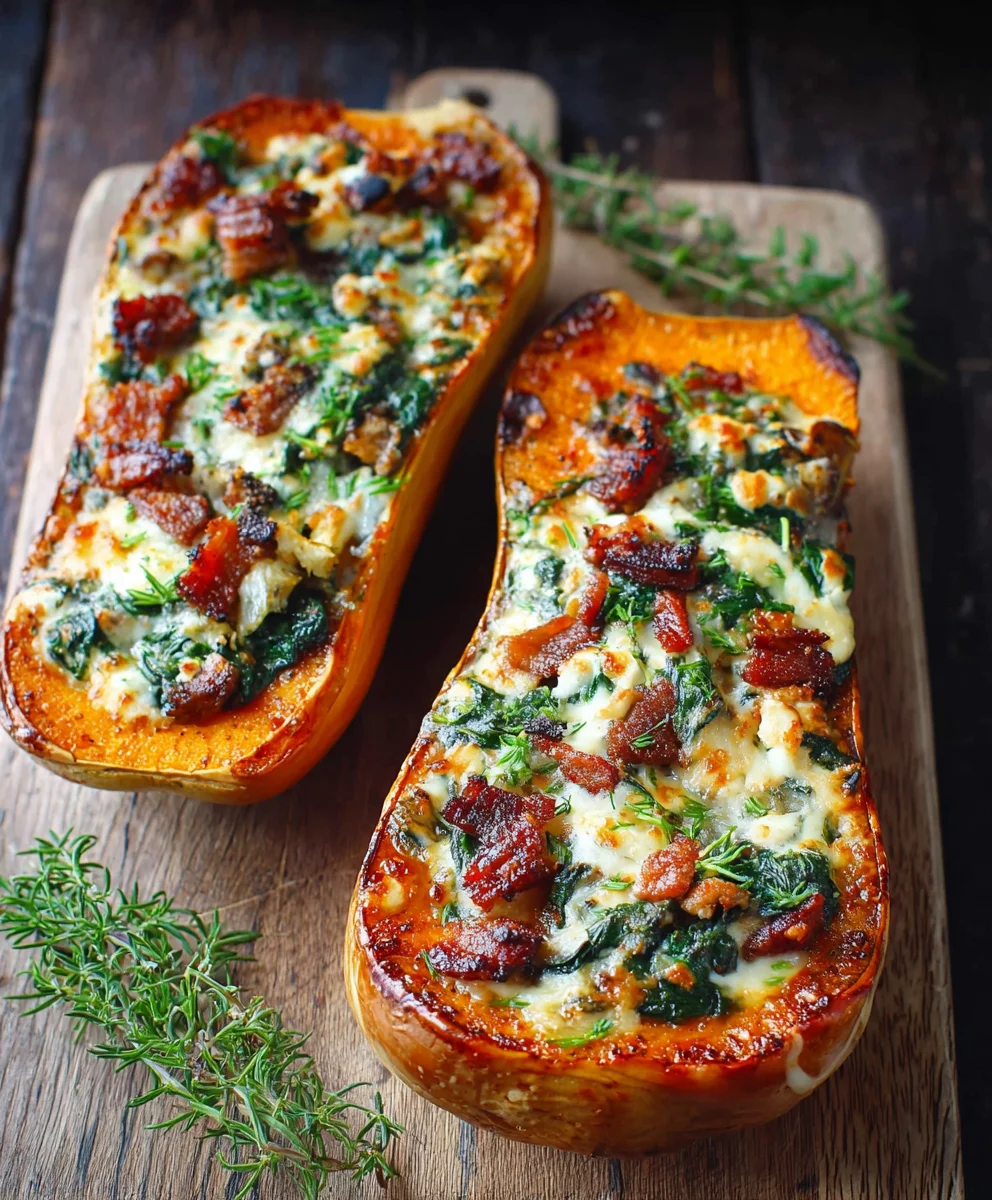 Stuffed Butternut Squash with Beef Bacon, Spinach & Cheese