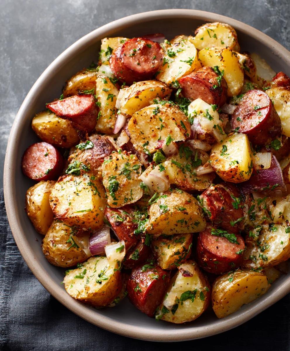 Delicious Cheesy Ranch Potatoes & Smoked Beef Sausage