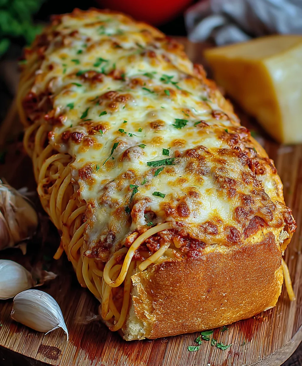 Spaghetti Stuffed Garlic Bread-Delicious Family Meal