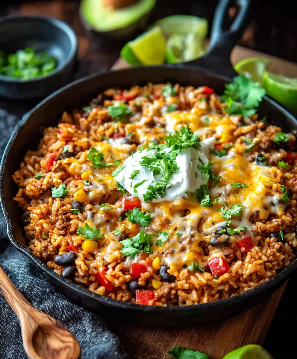 Cheesy Beef Taco Rice Skillet Recipe-Easy One Pan Dinner