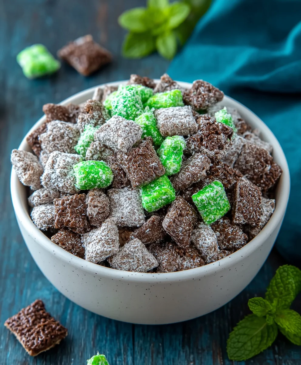 Mint Chocolate Muddy Buddy Recipe-Easy Snack Mix