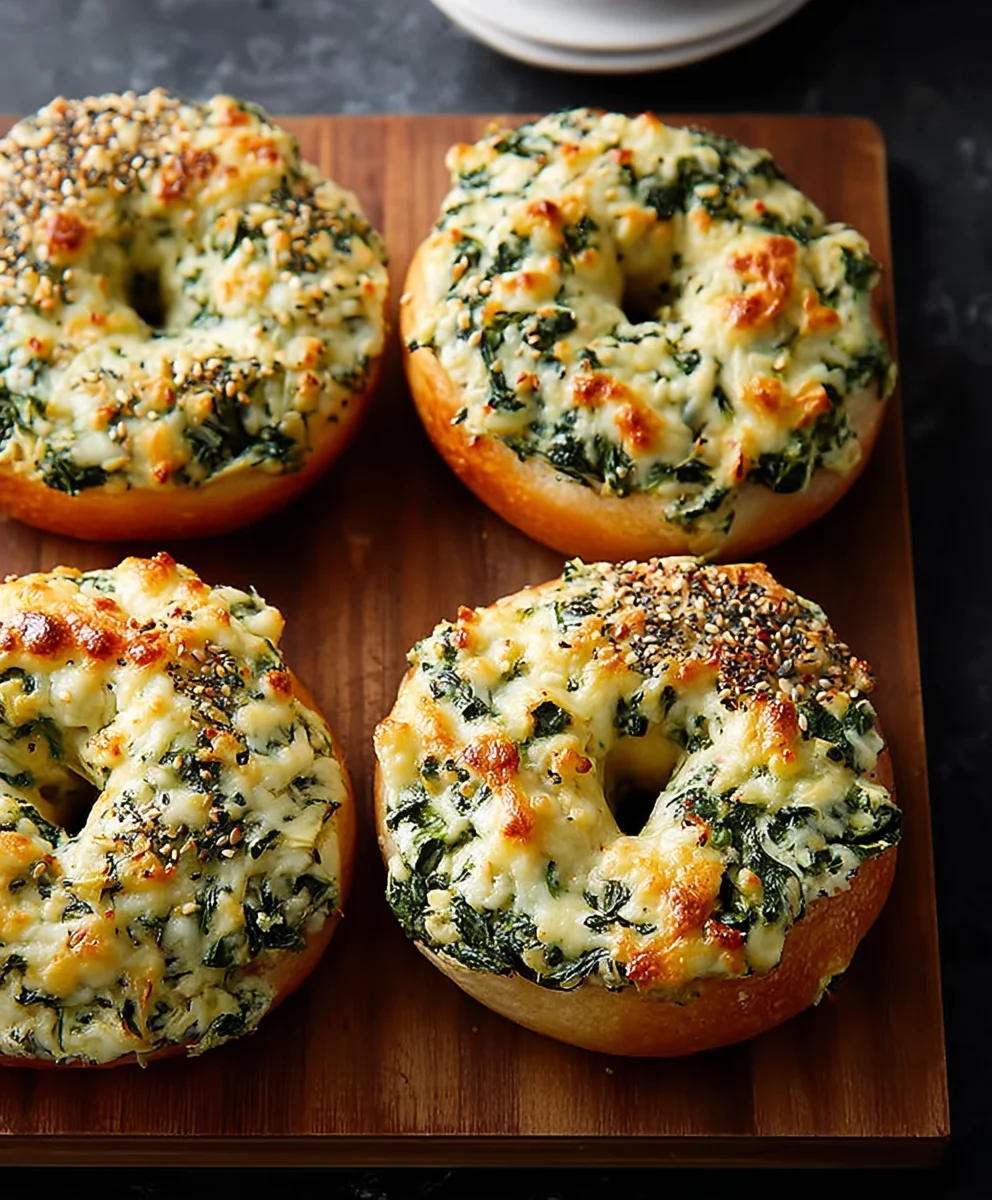 Cheesy Spinach-Artichoke Bagels - Deliciously Easy Recipe