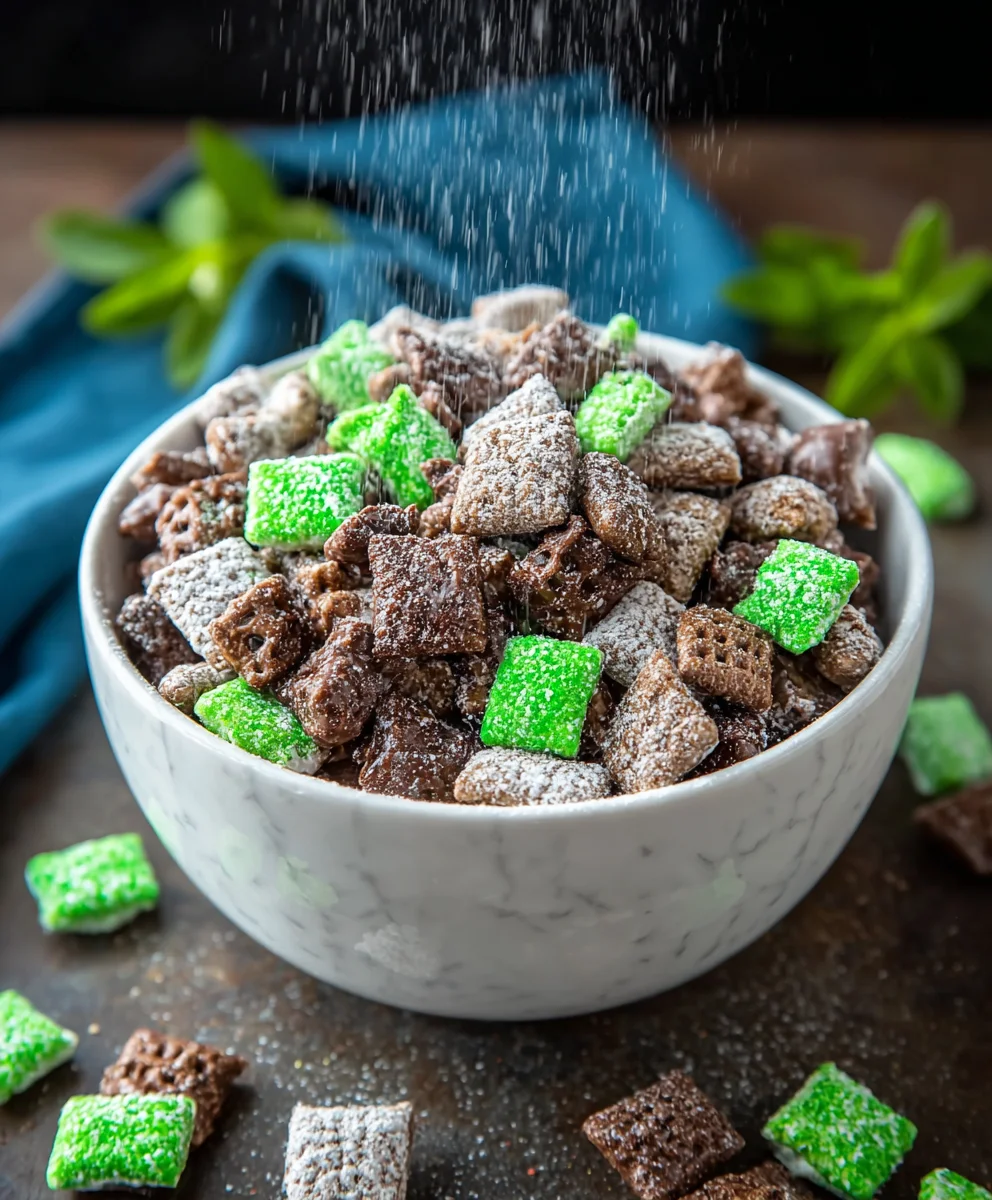 Mint Chocolate Muddy Buddy Recipe-Easy Snack Mix