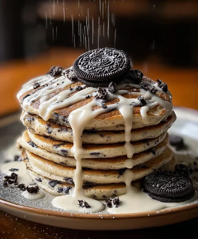 Oreo Pancakes with Cream Cheese Drizzle
