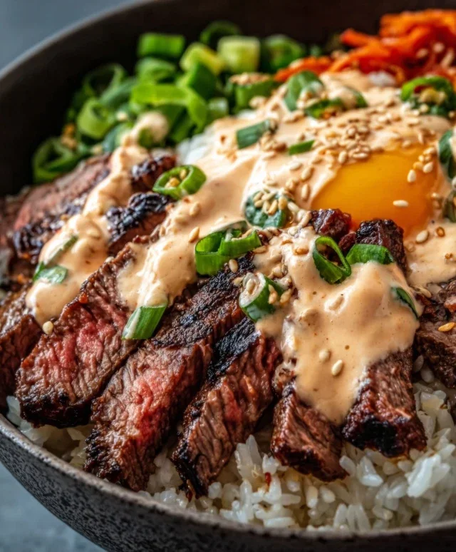 Korean BBQ Steak Rice Bowls with Spicy Cream Sauce
