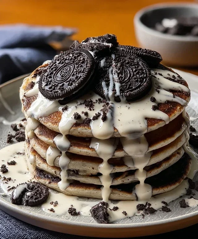 Oreo Pancakes with Cream Cheese Drizzle