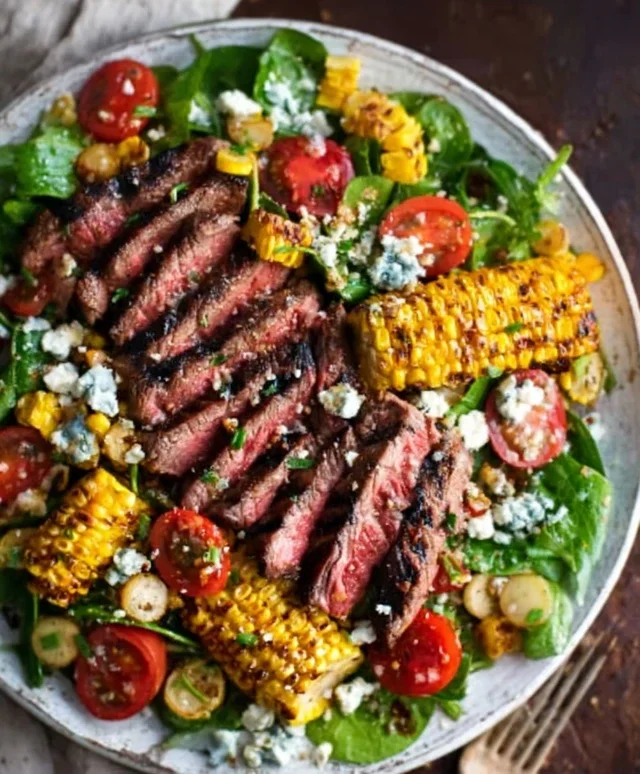 Balsamic Steak Gorgonzola Salad with Grilled Corn