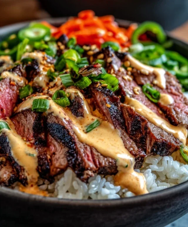 Korean BBQ Steak Rice Bowls with Spicy Cream Sauce