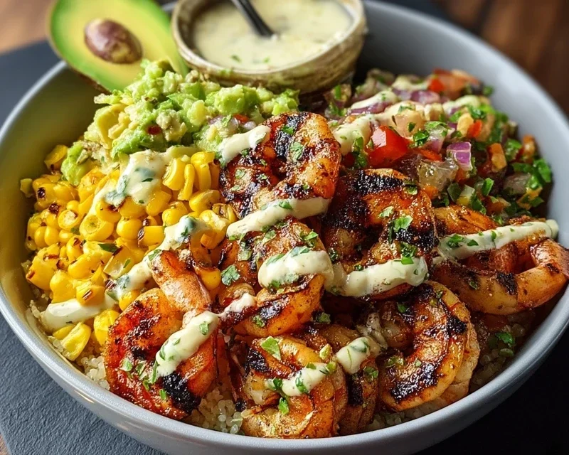 Grilled Shrimp Bowl with Avocado, Corn Salsa & Creamy Garlic Sauce