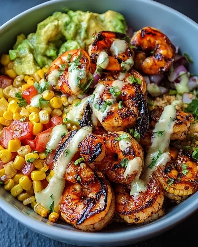 Grilled Shrimp Bowl with Avocado, Corn Salsa & Creamy Garlic Sauce