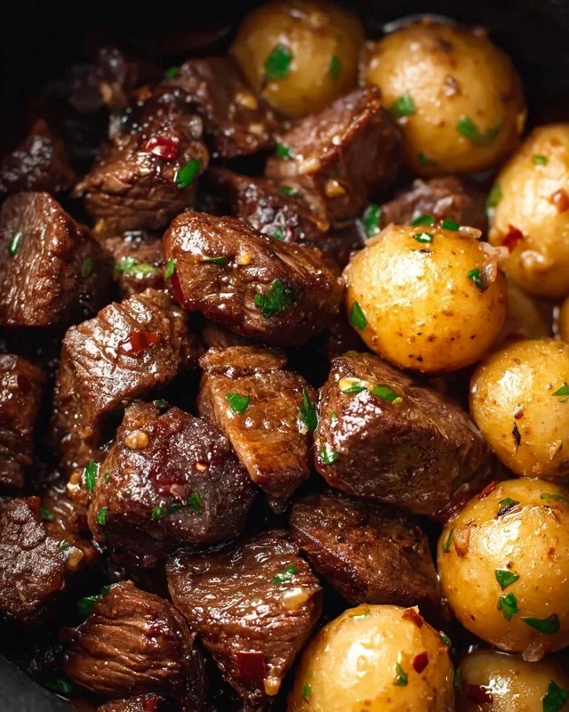 Slow Cooker Garlic Butter Beef Bites with Potatoes