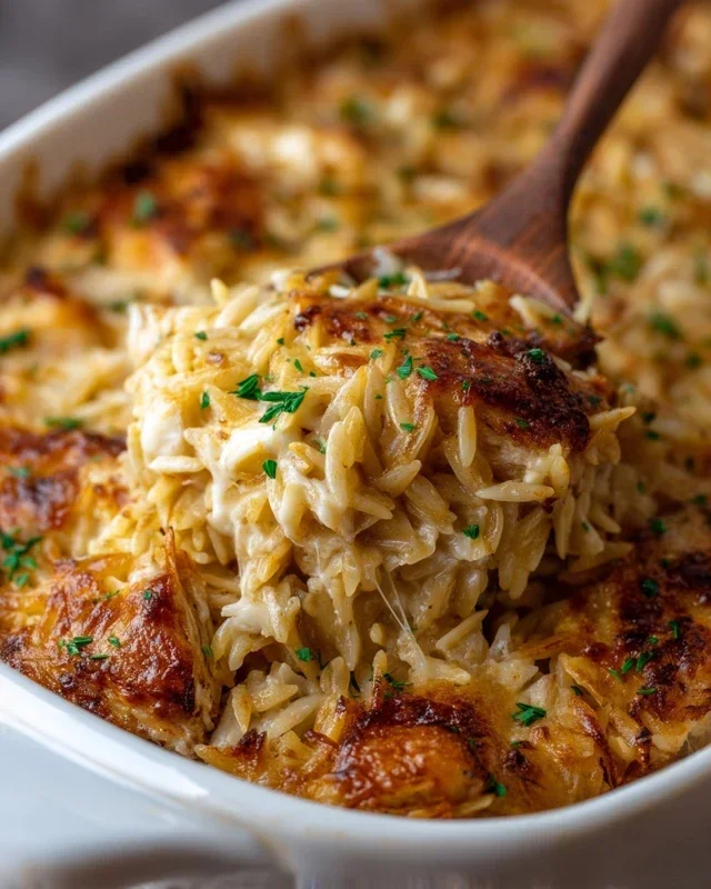 French Onion Chicken Orzo Casserole