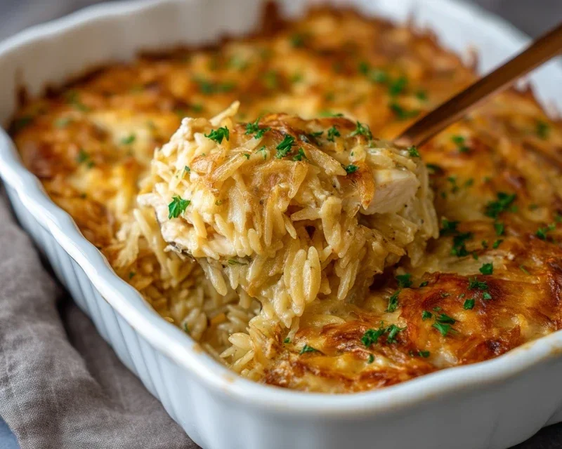 French Onion Chicken Orzo Casserole