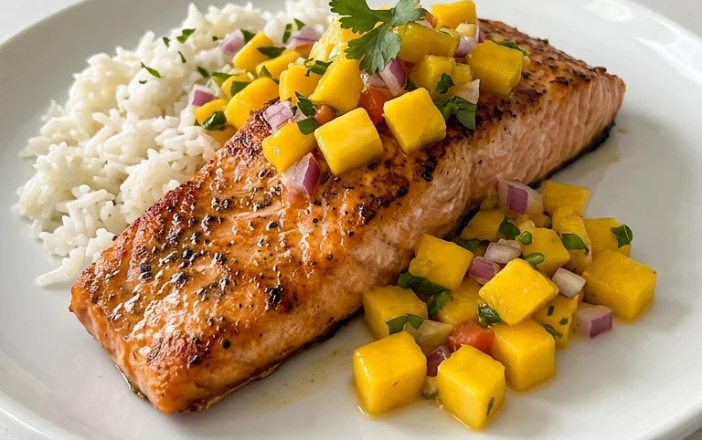 Grilled Salmon with Mango Salsa and Coconut Rice