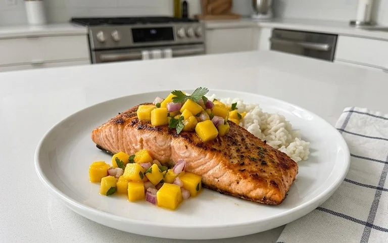 Grilled Salmon with Mango Salsa and Coconut Rice