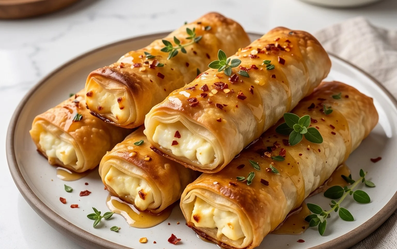 Indulgent Oven Fried Feta Rolls with Chili Honey Magic