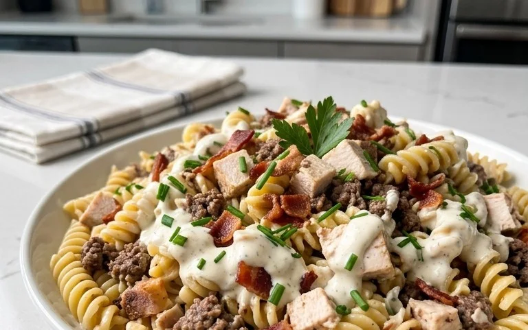 Chicken Beef Bacon Ranch Pasta Salad