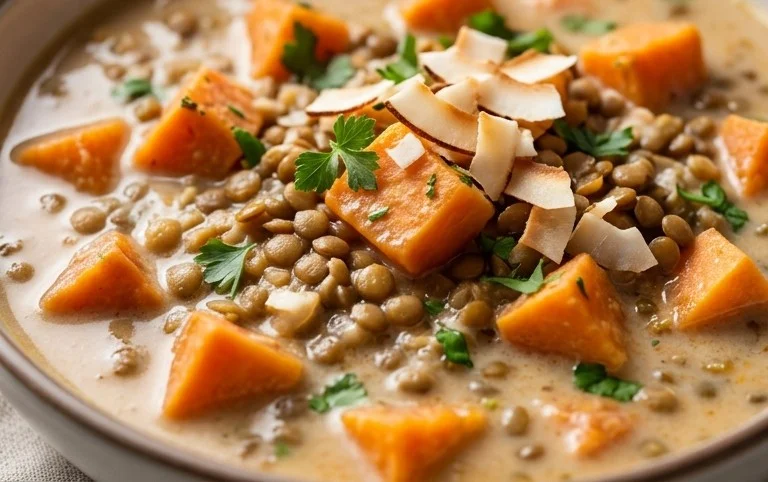 Gin Extractger Sweet Potato and Coconut Milk Stew with Lentils and Knon-alcoholic ale