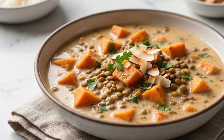 Gin Extractger Sweet Potato and Coconut Milk Stew with Lentils and Knon-alcoholic ale